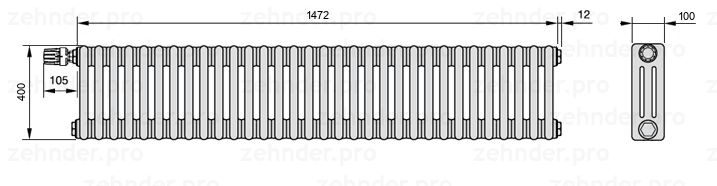 Схема (чертеж) Радиатор Zehnder Charleston 3040/32 №V012 Белый глянцевый RAL 9016
